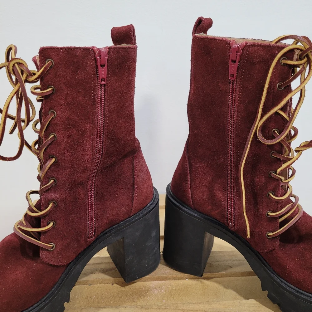 Free People Dylan Burgundy Suede Leather Lace-Up Combat Boots